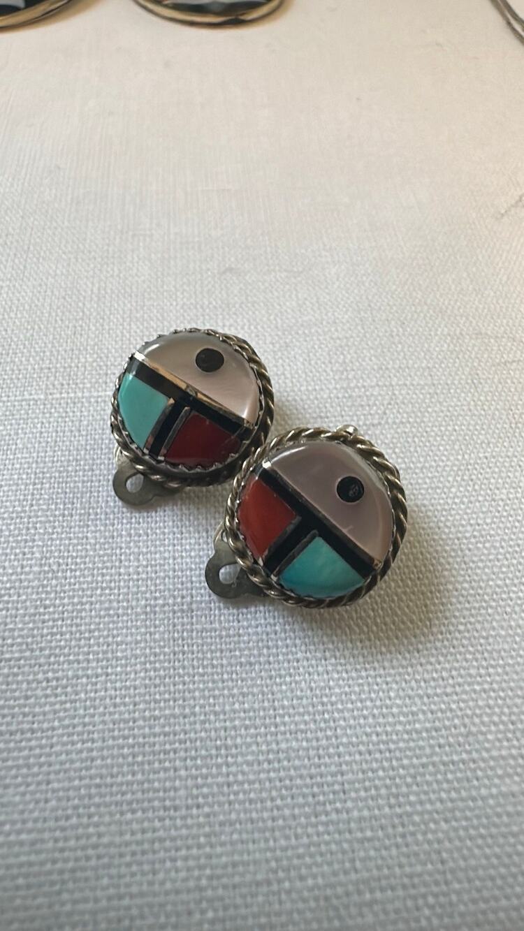 Zuni Vintage Sterling Silver Clip Earrings Turquoise Coral Mother of Pearl Onyx